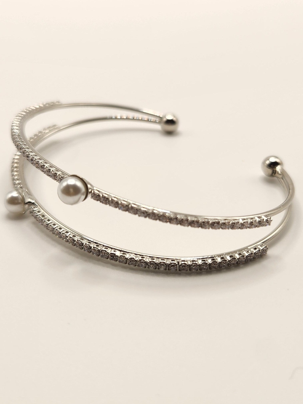 Silver Pearl & Pavé Triple-Row Open Cuff Bracelet